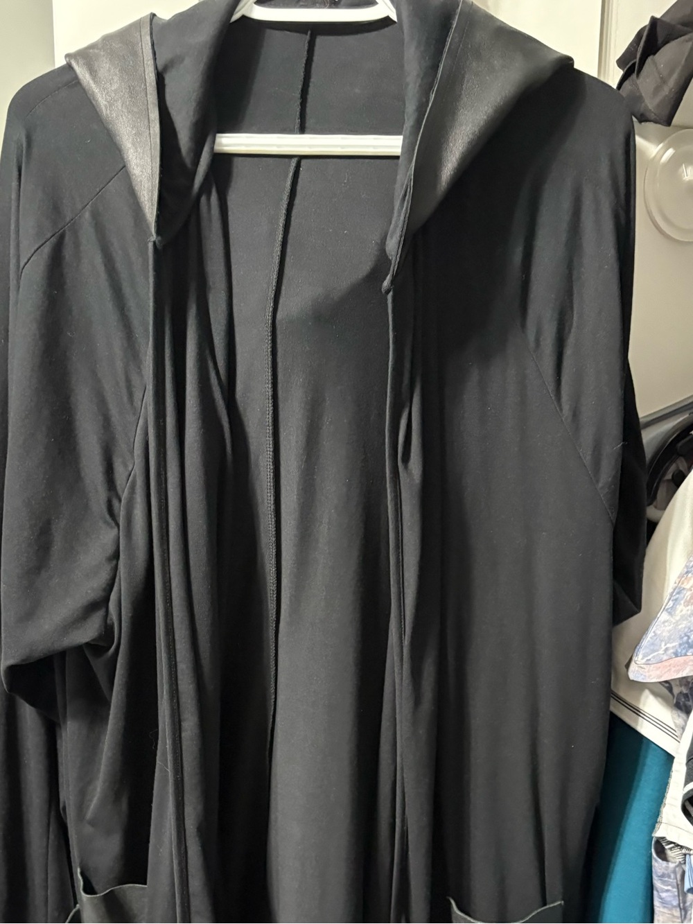 Women’s long black cotton and leather cardigan